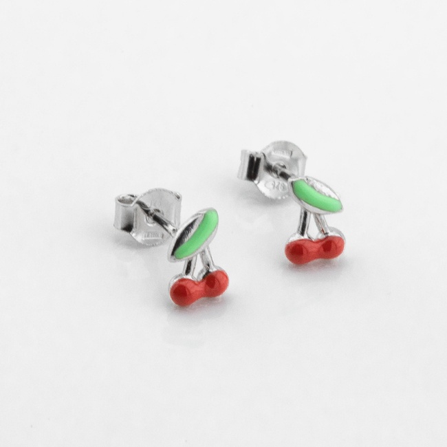 Дитячі срібні сережки-пусети Вишні з емаллю c121657, Червоний|Зелений