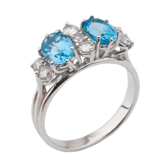 Кольцо из белого золота 750 с голубыми топазами овал и бриллиантами YO13203, 17 размер