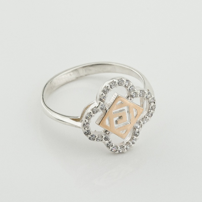 Серебряное кольцо с фианитами с золотыми накладками к1017ф, 17,5 размер
