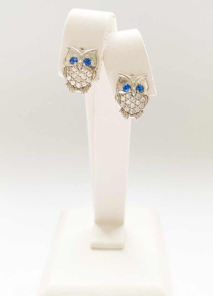 Срібні сережки "Сови" з синіми фіанітамі з родованого срібла 925 проби Арт. с23104-H