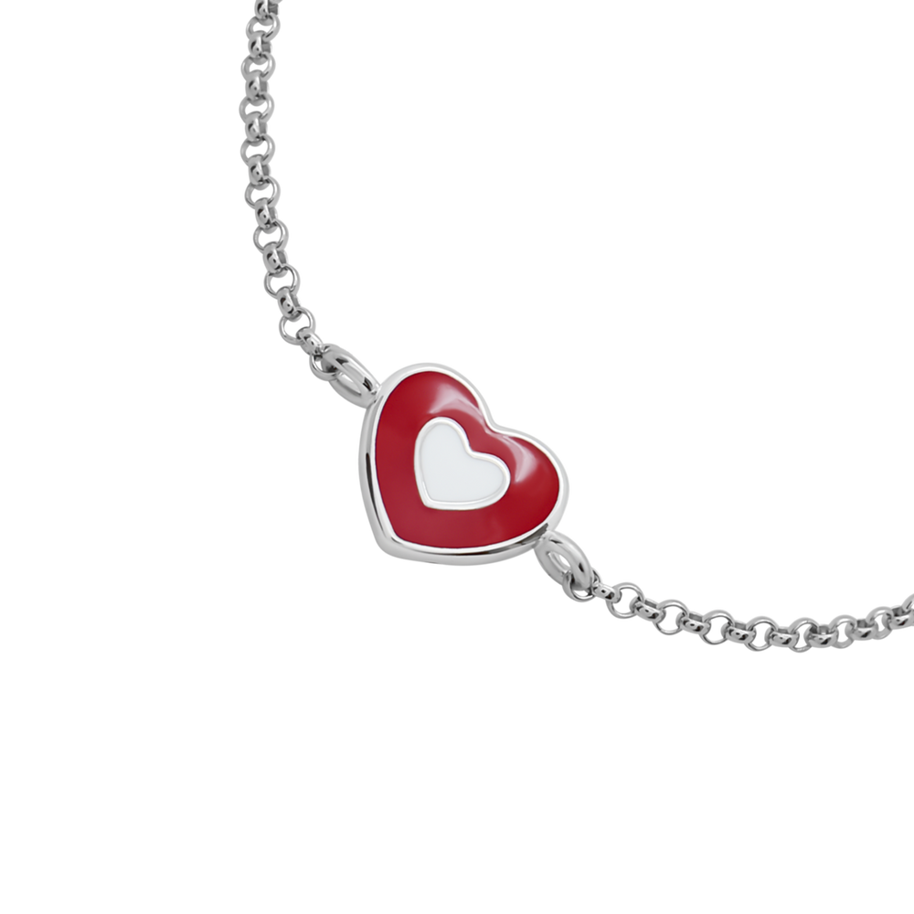 Серебряный браслет-цепь Сердечко в сердечке красно-белый с эмалью для девочки (16) Арт. 5600uub