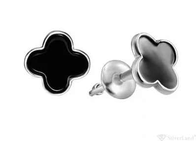 Серебряные серьги пусеты Клевер черный с эмалью 923517/b-Н (923494.2), Черный