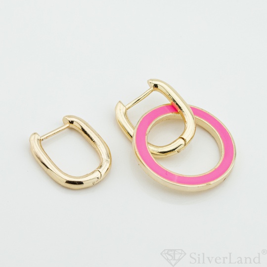 Асиметричні сережки овальні з кружечком з рожевою емаллю 82006, Рожевий