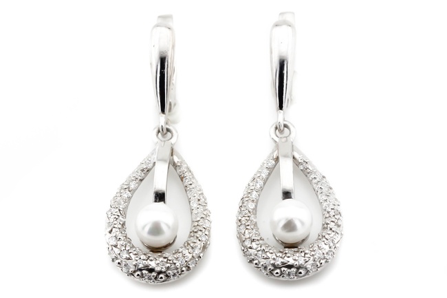 Срібні сережки-підвіски Краплі з перлами 12705, Білий