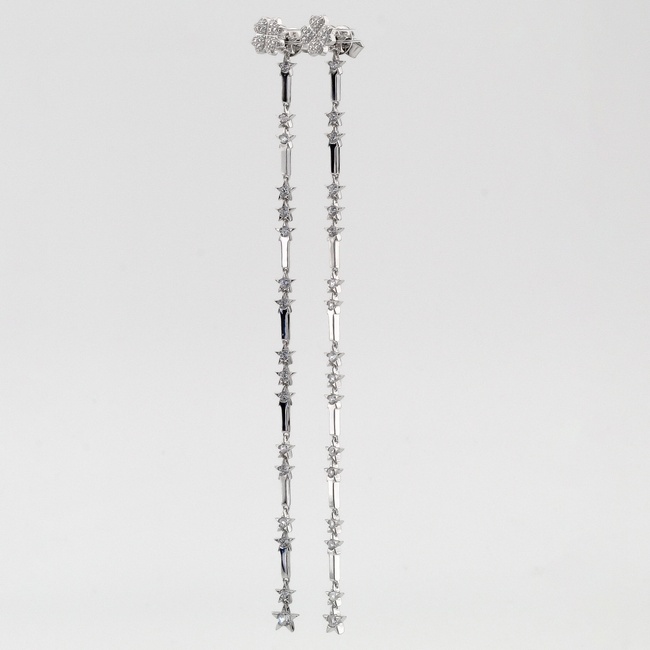 Серебряные пусеты Клевер с фианитами с длинной съёмной тонкой подвеской C121313, Белый