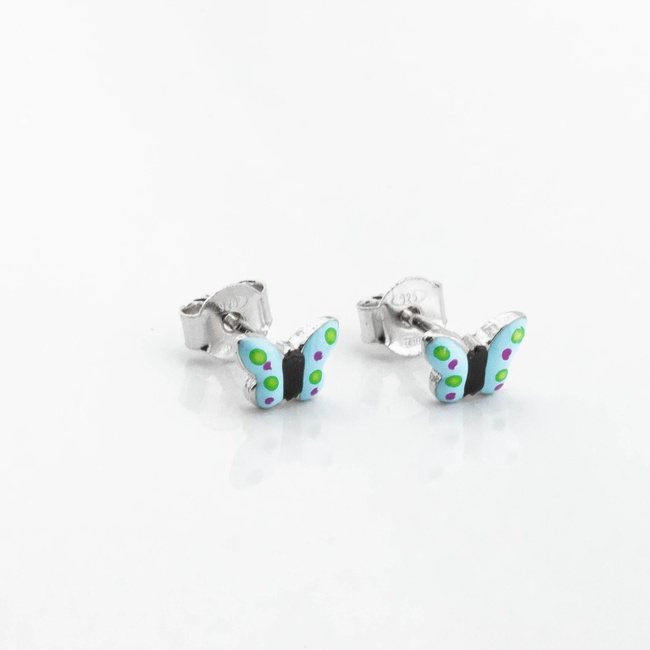 Детские серебряные серьги-пусеты Бабочка голубая с эмалью c121649, Голубой