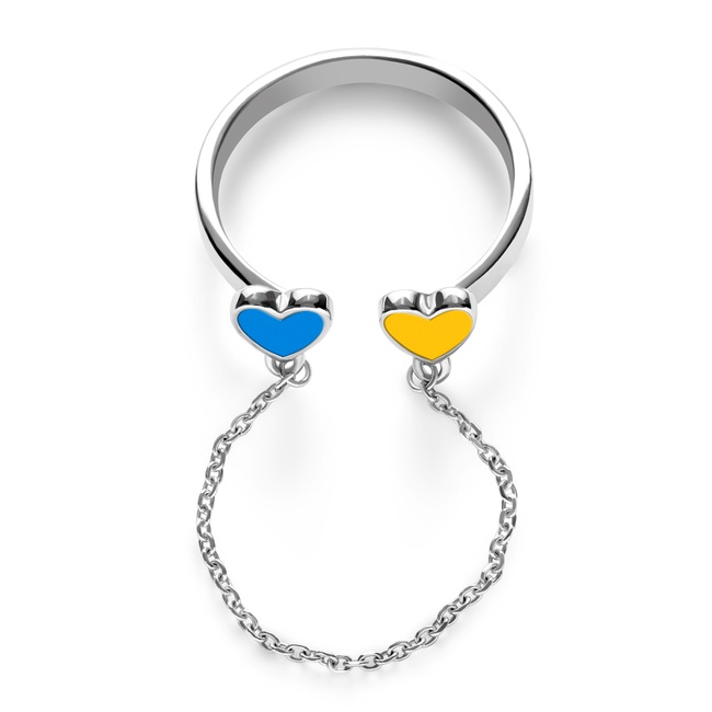 Открытое серебряное кольцо Два сердца голубое и желтое (эмаль) 3101940, 18 размер