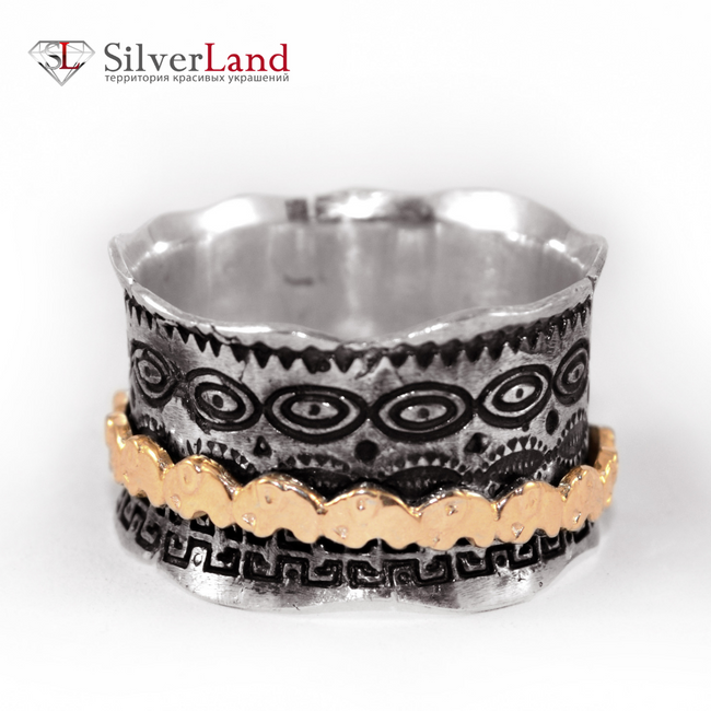 Серебряное кольцо с золотыми вставками "EJ Africa" со слонами и африканским орнаментом Арт. 1009/EJ