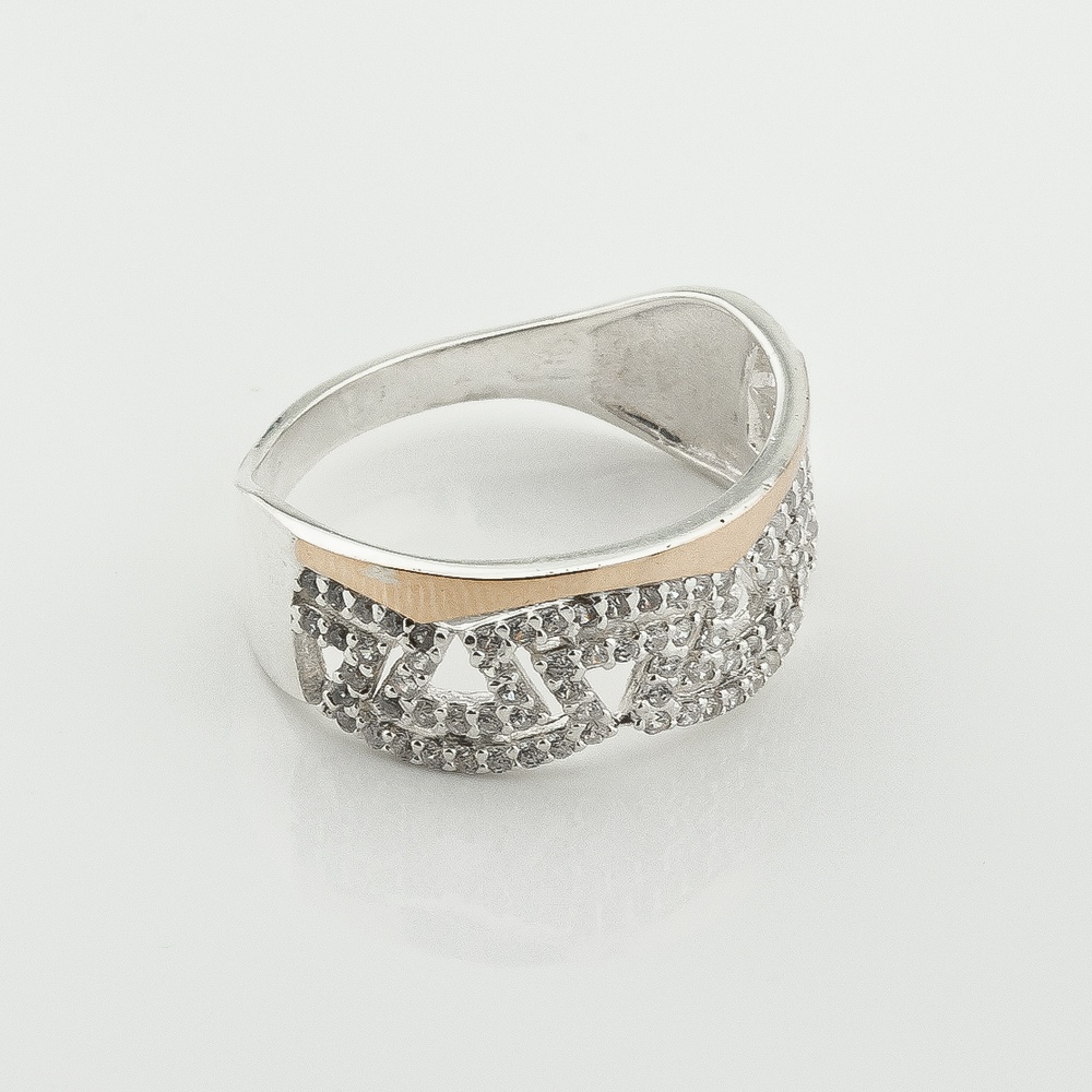 Серебряное кольцо Зигзаг с фианитами с золотыми накладками к838ф, 18 размер