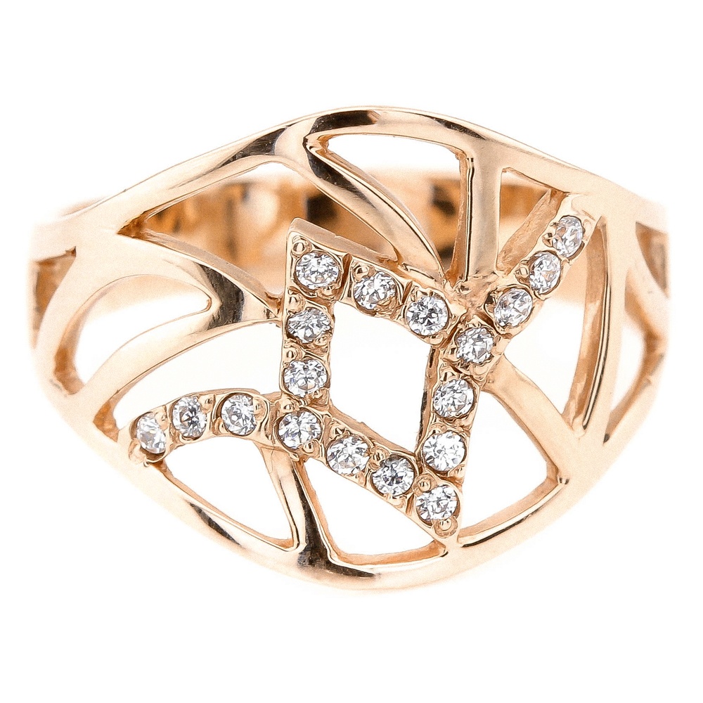 Золотое кольцо с абстрактным узором с фианитами 11438, 17,5 размер