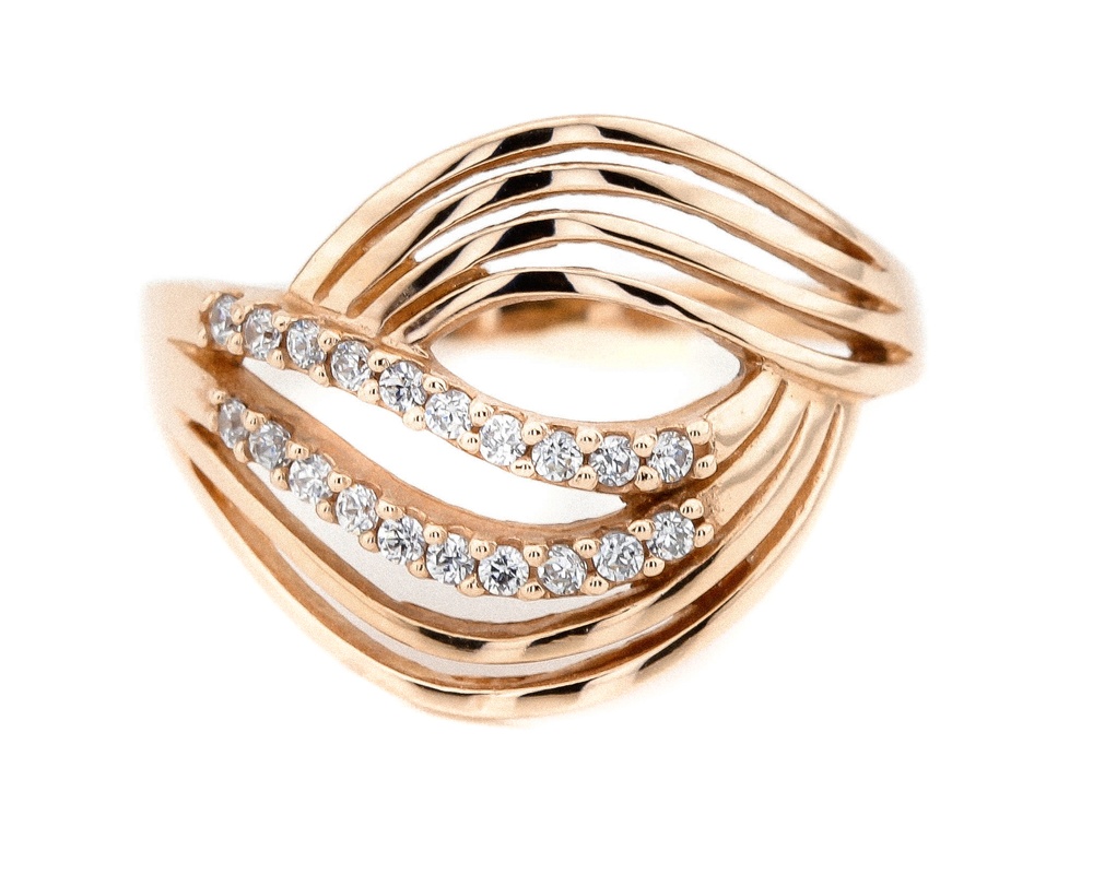Золотое кольцо Волны с белыми фианитами 11910, 17,5 размер