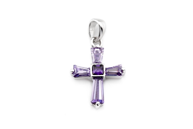 Декоративный серебряный крестик фиолетовый с фианитами СР13132, Белый