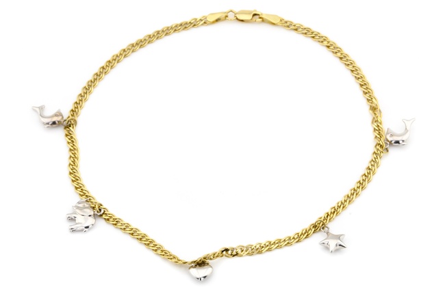 Золотой браслет на ногу с подвесками слоник, рыбка, сердце, звездочка (26 размер) КВ15225