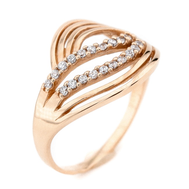 Золотое кольцо Волны с белыми фианитами 11910, 17,5 размер