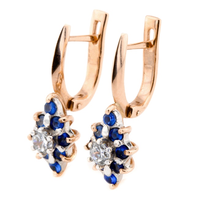 Класичні золоті сережки з синьою шпинелью та фіанітами КС12045а, Синій
