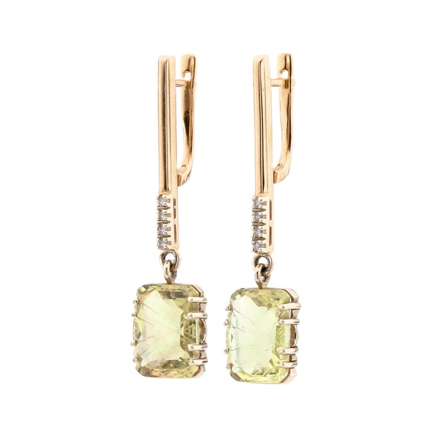 Золоті довгі тонкі сережки-підвіски з лимонним топазом та діамантами 12099б, Зелений|Білий