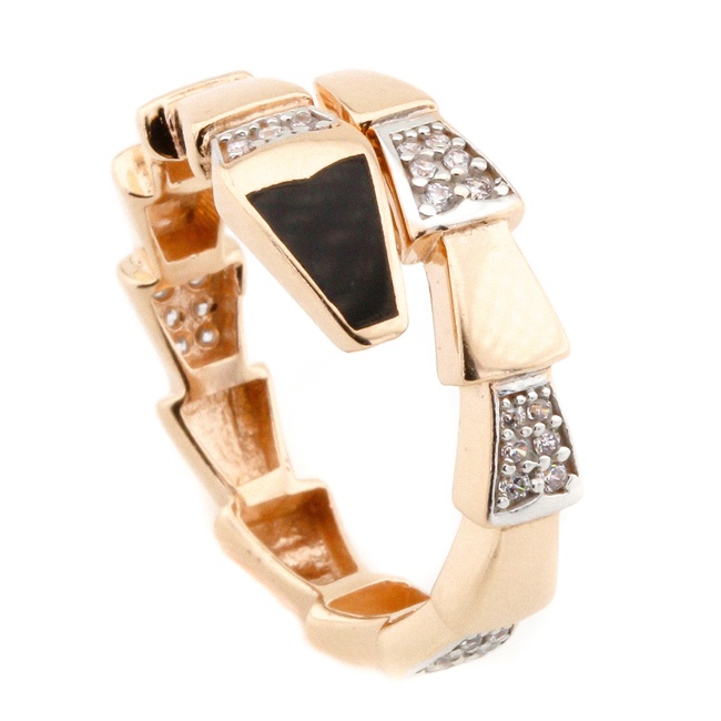Золотое кольцо "Змея" спираль с черной эмалью и фианитами KK11495, 18,5 размер, 18-5, Белый|Черный
