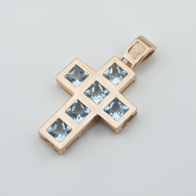 Золотой крестик Прямой с скай топазами голубыми p13960, Голубой