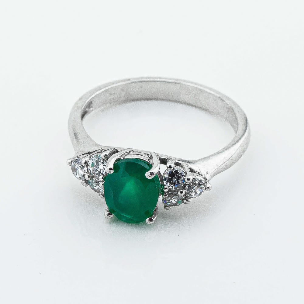 Серебряное кольцо с зеленым агатом и фианитами 1839-9p-GAG, 17 размер