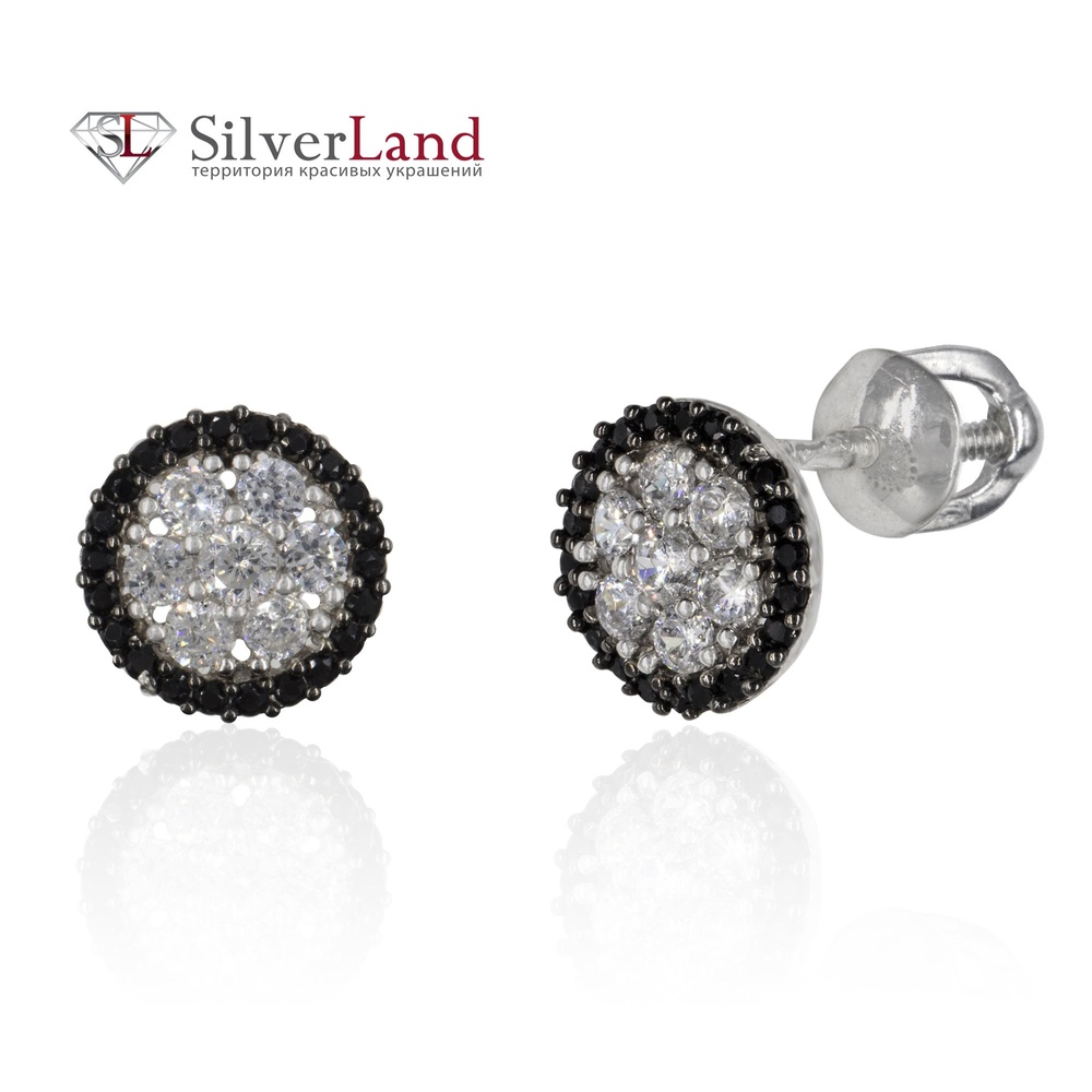 Срібні сережки-пусети (гвоздики) за формою квітки чорно-білі з фіанітами Арт. 923456, Чорний