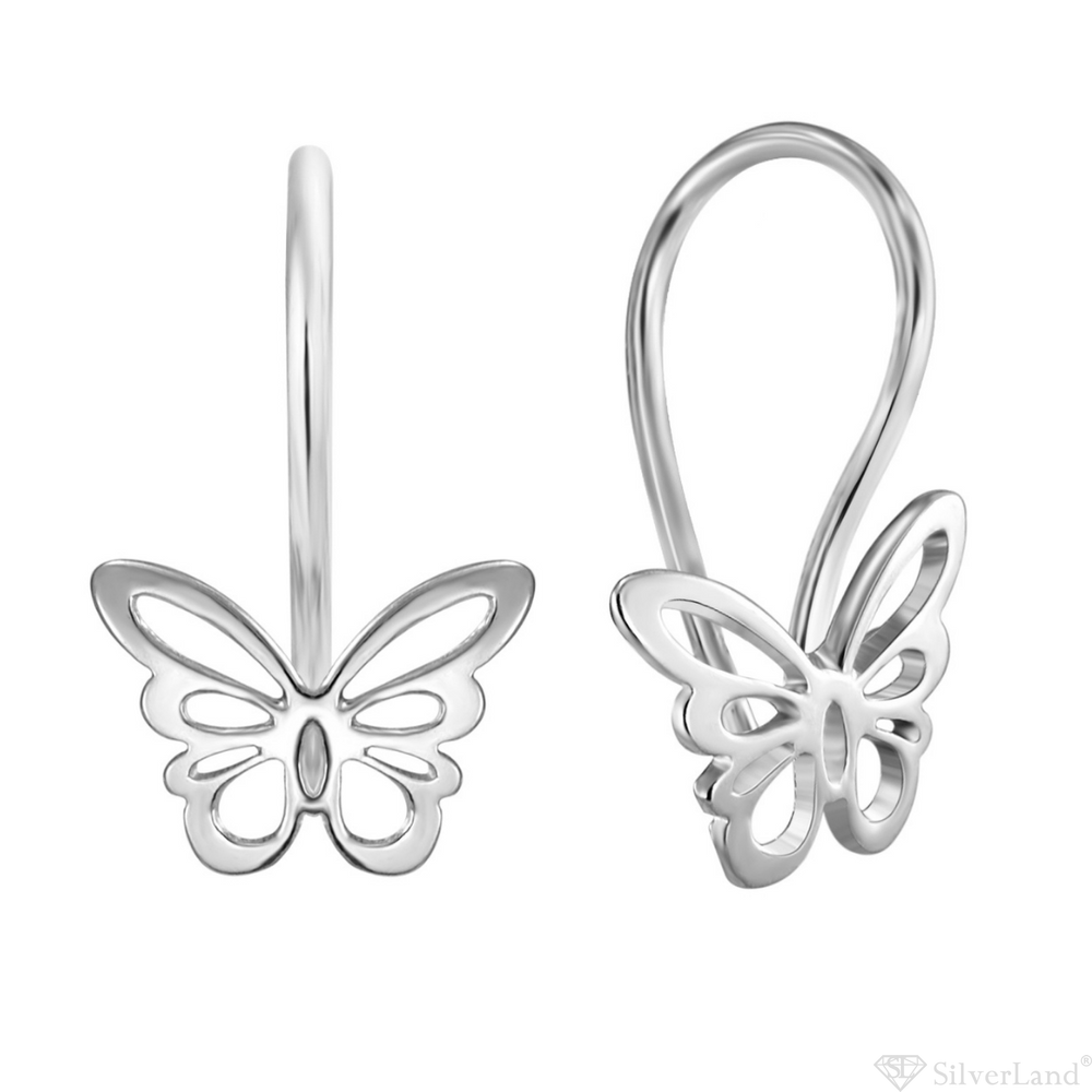 Срібні сережки-петельки Метелики без вставок родовані 923275-H