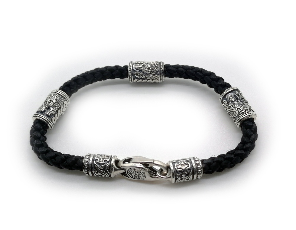 Срібний браслет Православний Ангел Хранитель з чорнінням на чорному плетеному шнурку (Лавсан) 4010-Ide 19 розмір