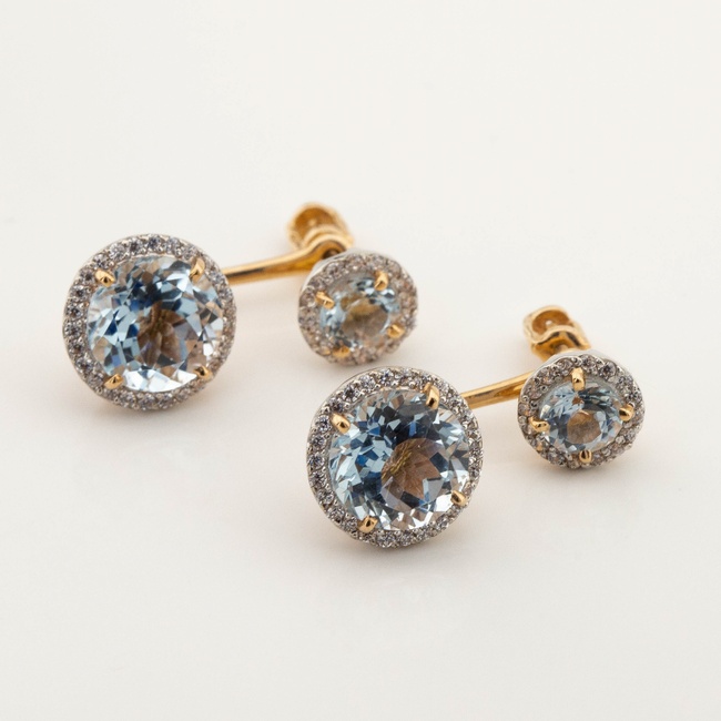 Золоті сережки з топазами та фіанітами (джекети) в червоному золоті 121001top, Блакитний