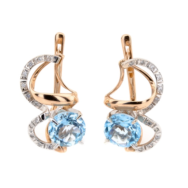 Золоті класичні сережки фігурні з топазами та фіанітами 12151top, Блакитний
