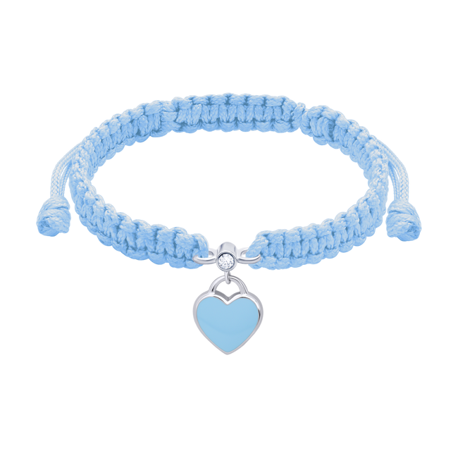 Плетений браслет на блакитному шнурку Серце з блакитною емаллю зі сріблом Арт. 4195548006040404