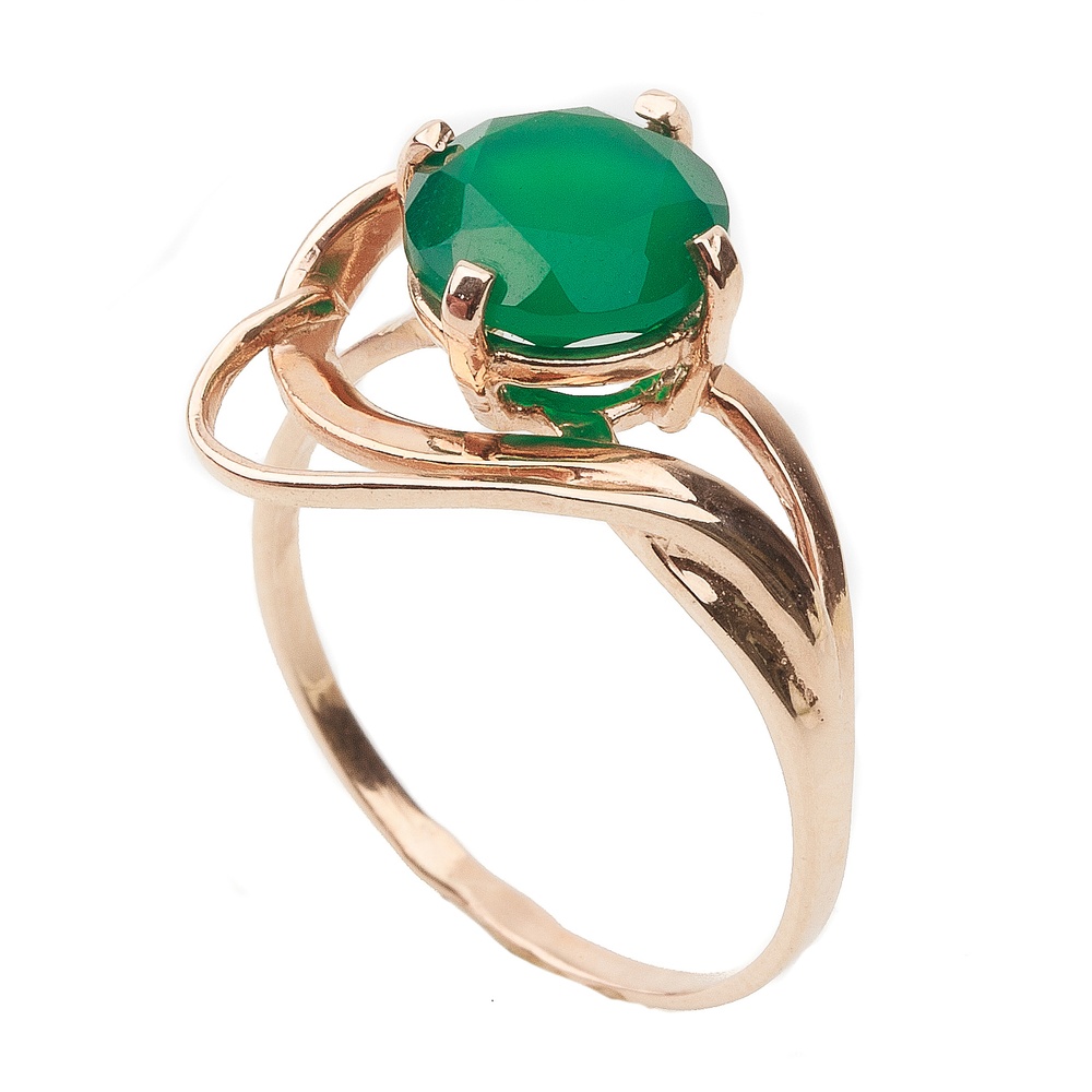 Золотое кольцо с выступающим зеленым круглым ониксом 11501, 16 размер