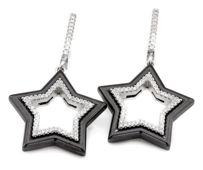 Серебряные серьги-висюльки Звездочки с черной керамикой и белыми фианитами СС12028, Белый|Черный