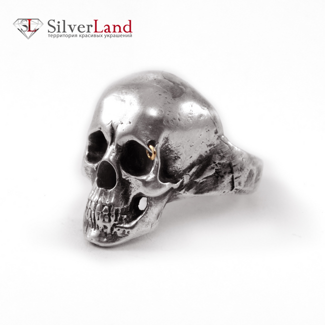 Кольцо перстень в виде черепа "EJ Jamison" с золотой сережкой в стиле гранж серебро 925 Арт. 1071/EJ размер 17