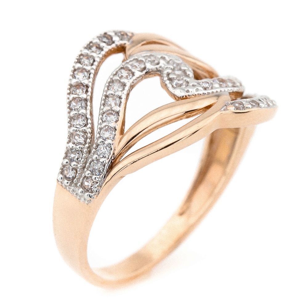 Золотое кольцо с волнами с белыми фианитами КК11207, 18,5 размер, 18-5, Белый