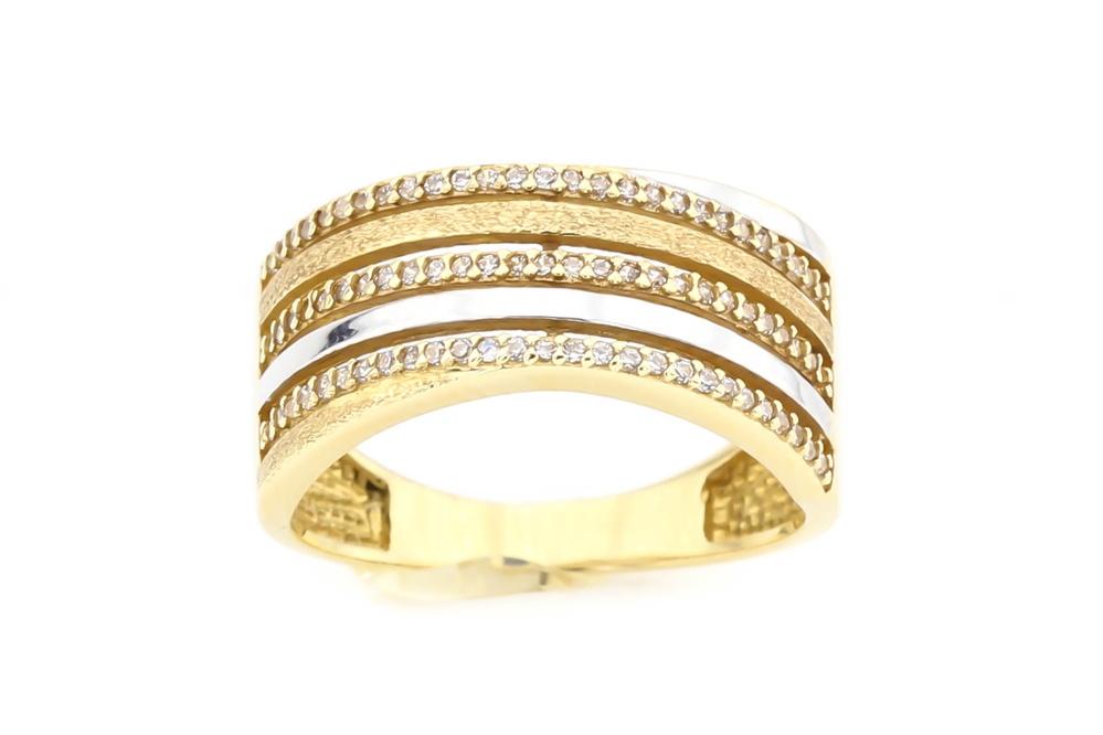 Широкое кольцо из желтого золота три дорожки с фианитами КК11416, 17,5 размер, 17-5, Белый