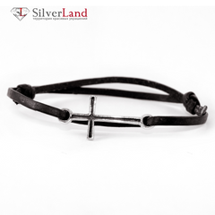 Шкіряний браслет-шнурок зі сріблом з хрестом EJ Cross 4017/EJb чорний