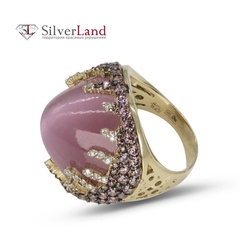 Золоте кільце з рожевим каменем Котяче око та діамантами Арт. TKM2248, Рожевий