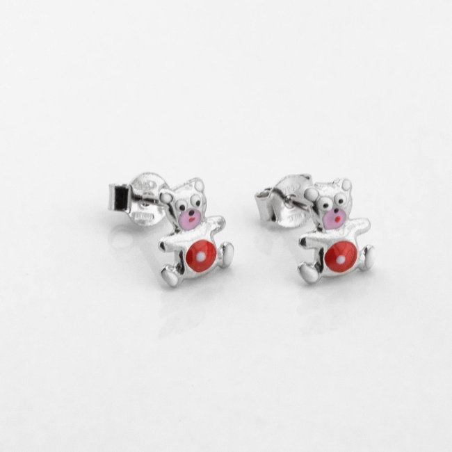 Детские серебряные серьги-пусеты Мишка с эмалью (красно-розовый) c121648, Красный|Белый