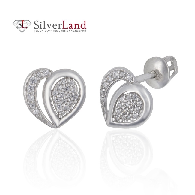 Срібні сережки-гвоздики (пусети) "Серце" з білими фіанітами Арт. 923449, Білий