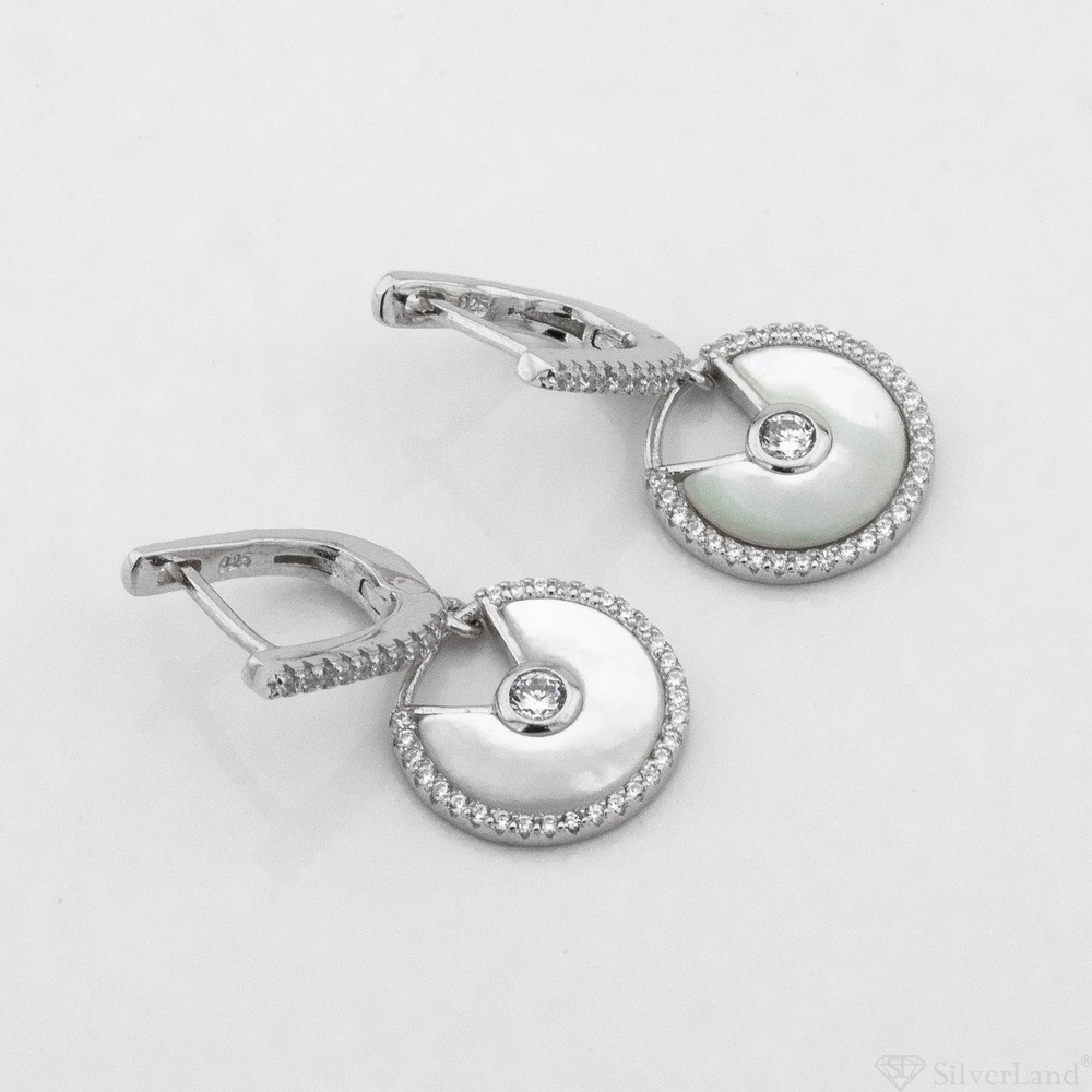 Серебряные серьги-висюльки Круг с перламутром и фианитами c121628, Белый