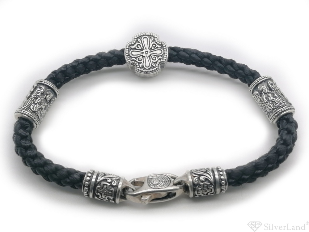Серебряный браслет Православный Спас с чернением на черном плетеном шнурке 4009-IDE 19 размер