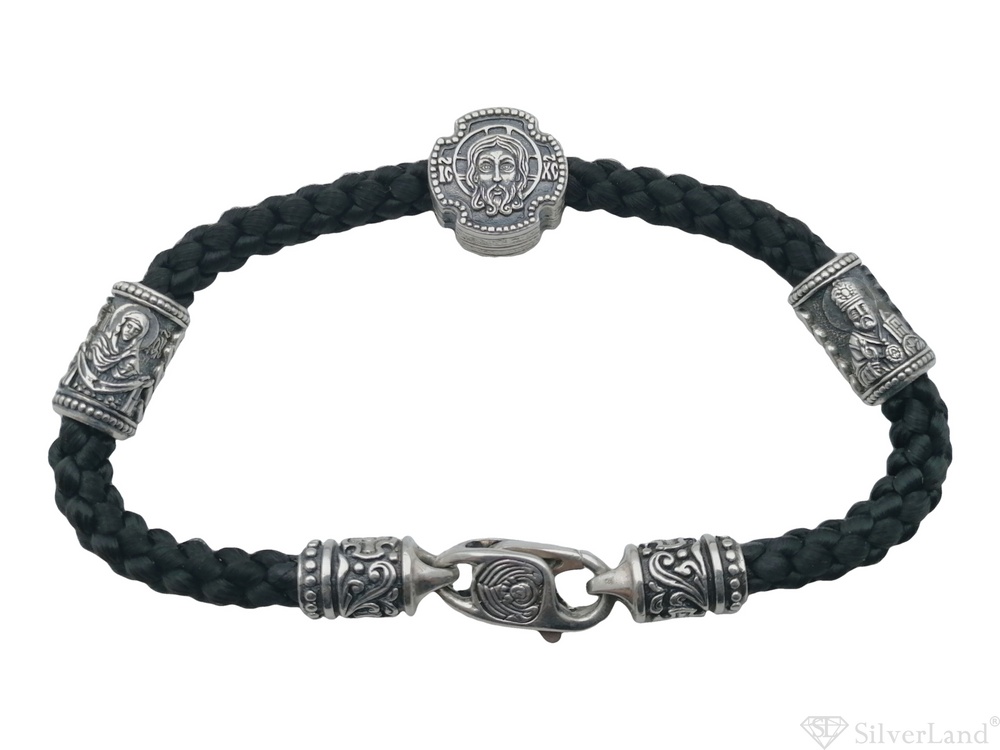 Серебряный браслет Православный Спас с чернением на черном плетеном шнурке 4009-IDE 19 размер