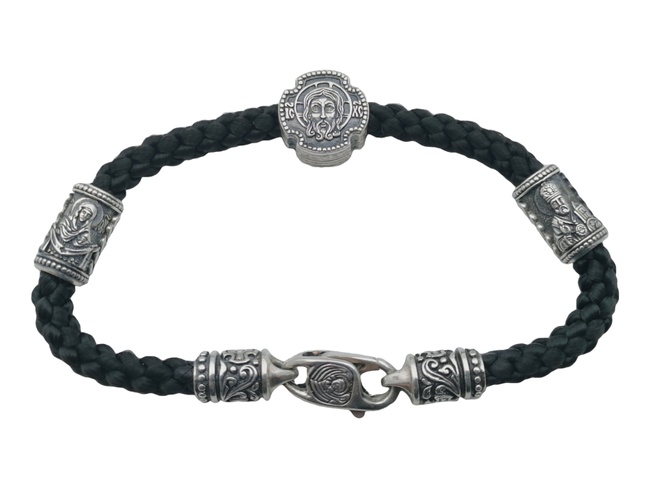 Срібний браслет Православний Спас з чорнінням на чорному плетеному шнурку 4009-IDE