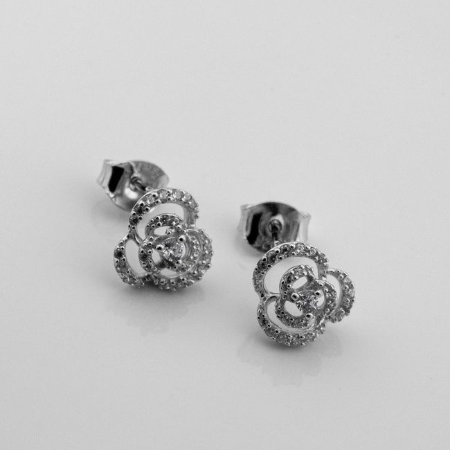 Серебряные пусеты Розы с фианитами 3202802, Белый, 12
