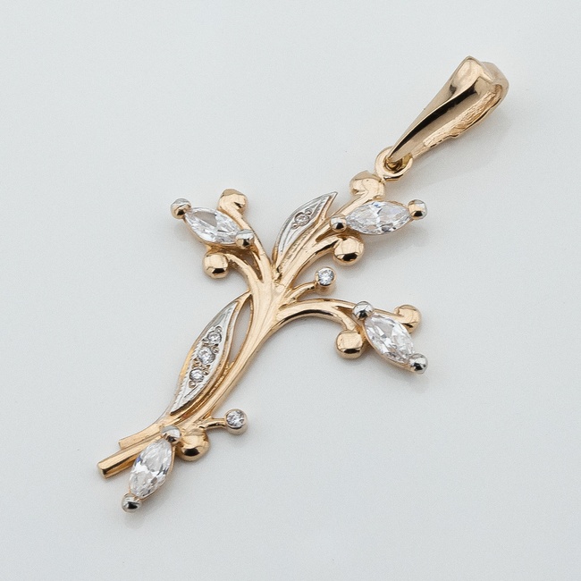 Золотой крестик фигурный с фианитами Веточка p13973, Белый