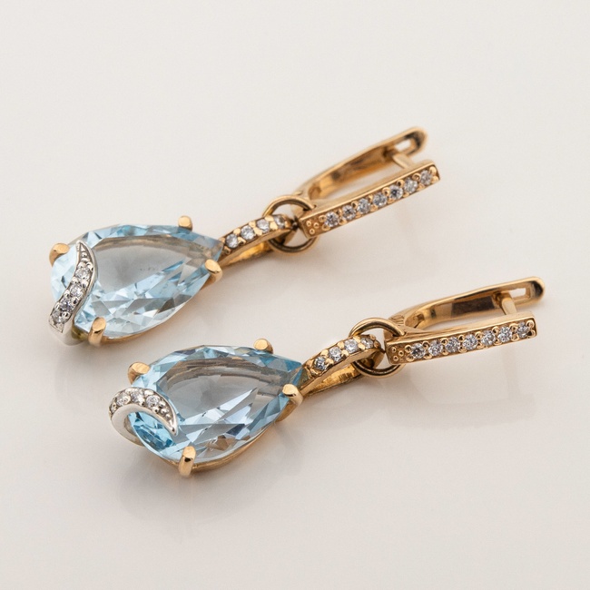 Золоті сережки-підвіски Крапля з топазом та фіанітами 12800top, Блакитний