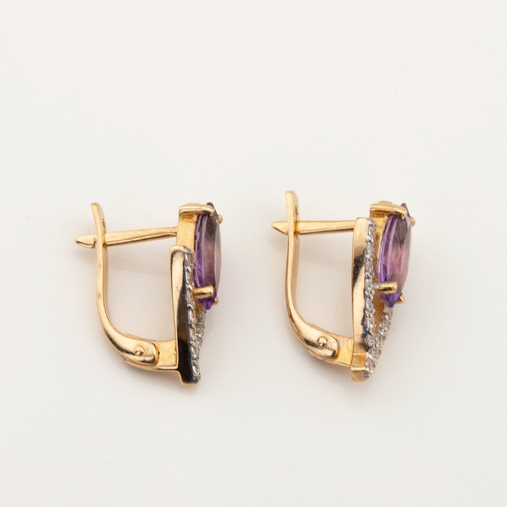 Золоті сережки з аметистами маркіз та фіанітами з англійським замком 12961am, Фіолетовий