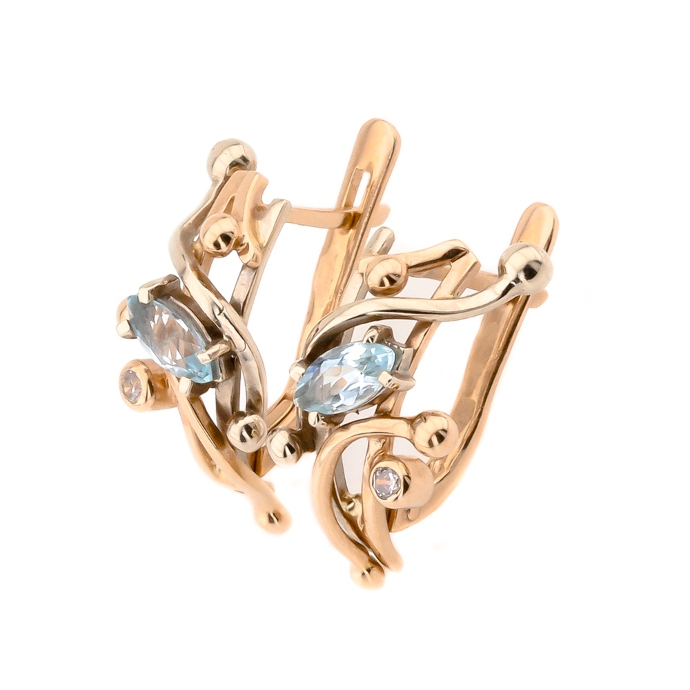 Золоті сережки з топазом маркіз та фіанітами в класичному стилі 12398top, Блакитний