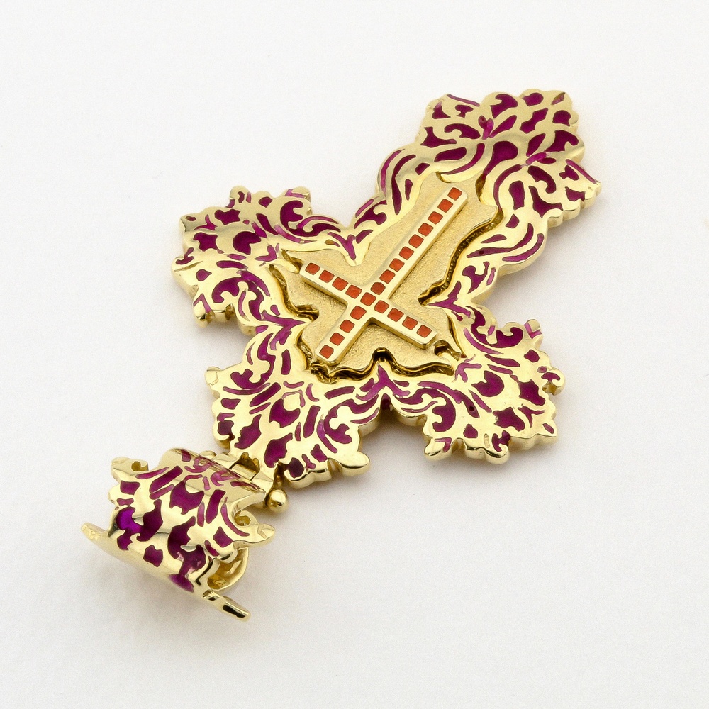 Золотой крестик фигурный с эмалью P13656, Красный