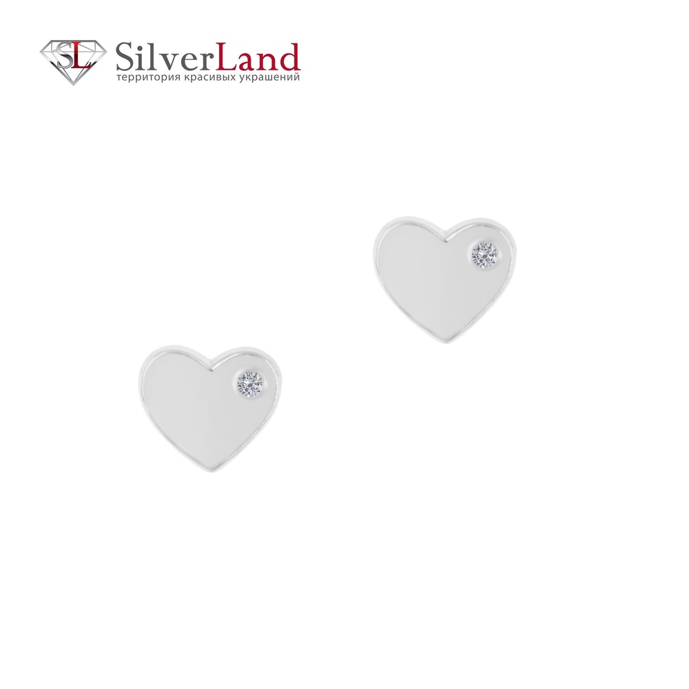 Срібні сережки-гвоздики плоскі "Серце" з білим фіанітом родовані Арт. msp020-sl, Білий