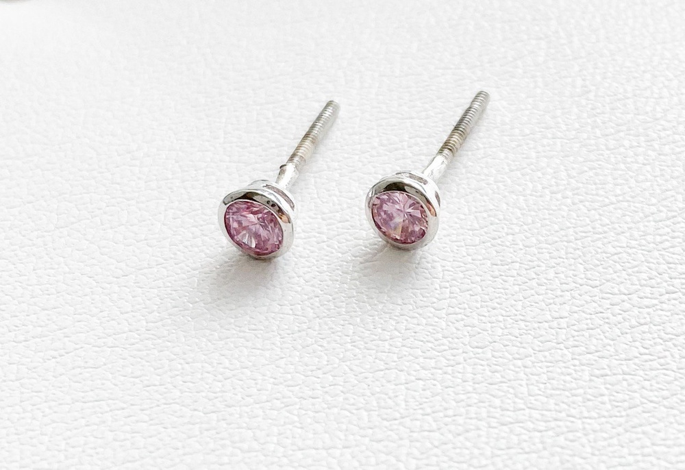 Серебряные серьги пусеты (гвоздики) с розовым фианитом завальцованныеc 23010/R-Н, Розовый